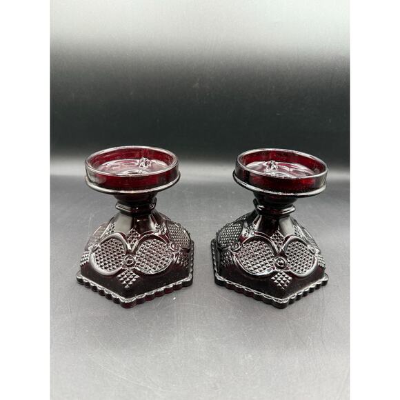 Vintage Avon Cape Cod Ruby Red Candle Holders–Pressed Glass - Set of 2 - Picture 1 of 8